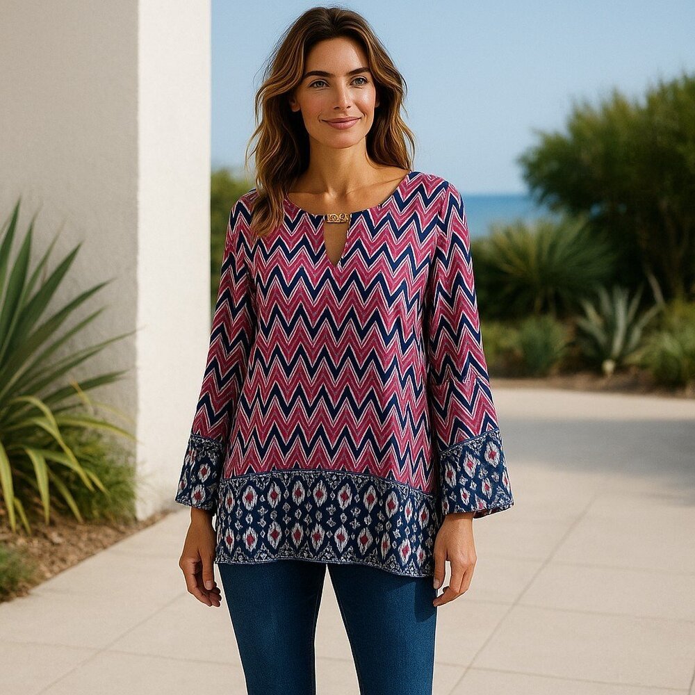 New Directions Pink and Blue Zigzag Blouse